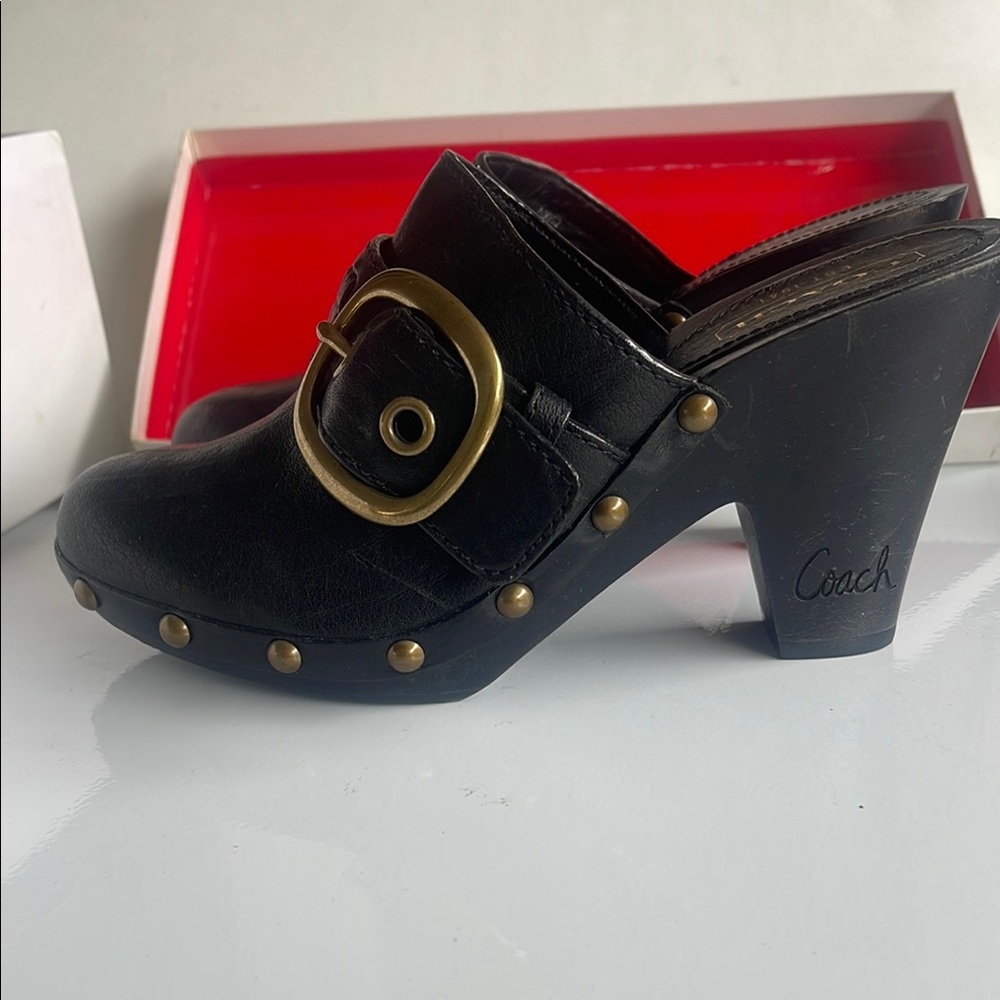 Vintage coach black leather brass buckle clogs/mules 5.5 - Picture 2 of 4